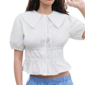 Zara Gabadine Elastic Waist Button-up Shirt White Organic Cotton Size XS